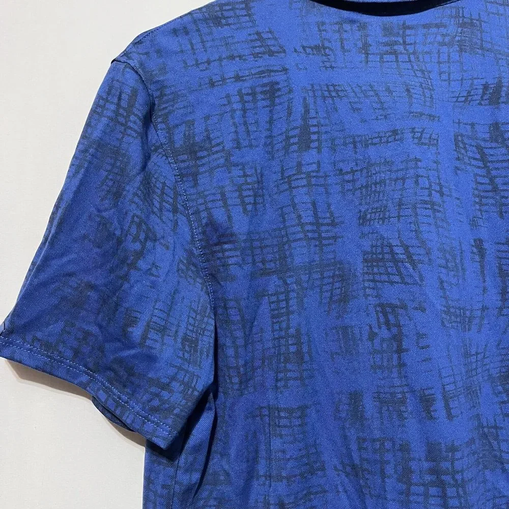 VRST Warped Check‎ Pique Polo Shirt Men's Small Navy Blue Stretch High Low Hem